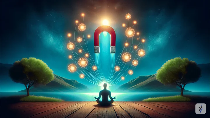 مدیتیشن در کنار دریاچه با میدان مغناطیسی و انرژی نورانی که به سمت فرد جذب میشود، نمادی از قدرت جذب و تأثیر مثبت افکار بر واقعیت.